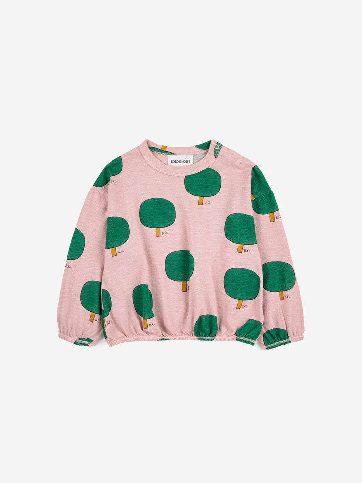 T-shirt pour bébé manches longues en coton bio rose avec imprimé arbre vert