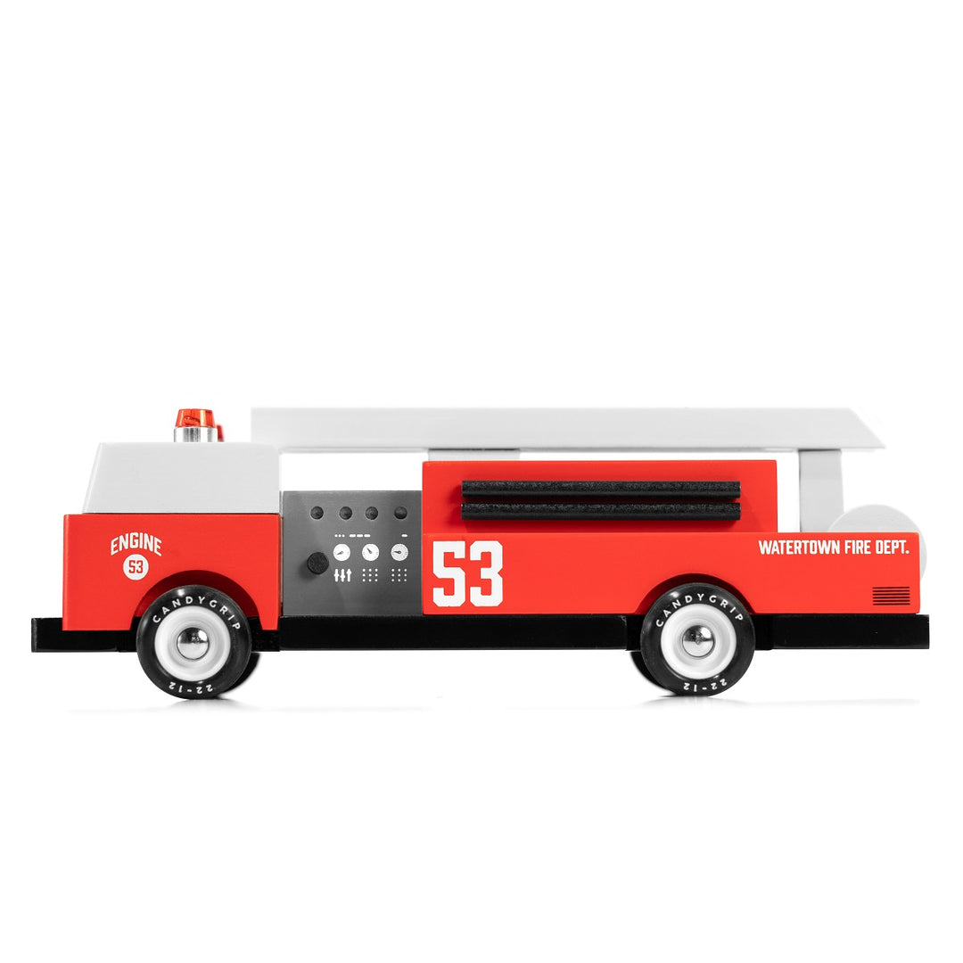 Camion de pompiers en bois rouge et blanc