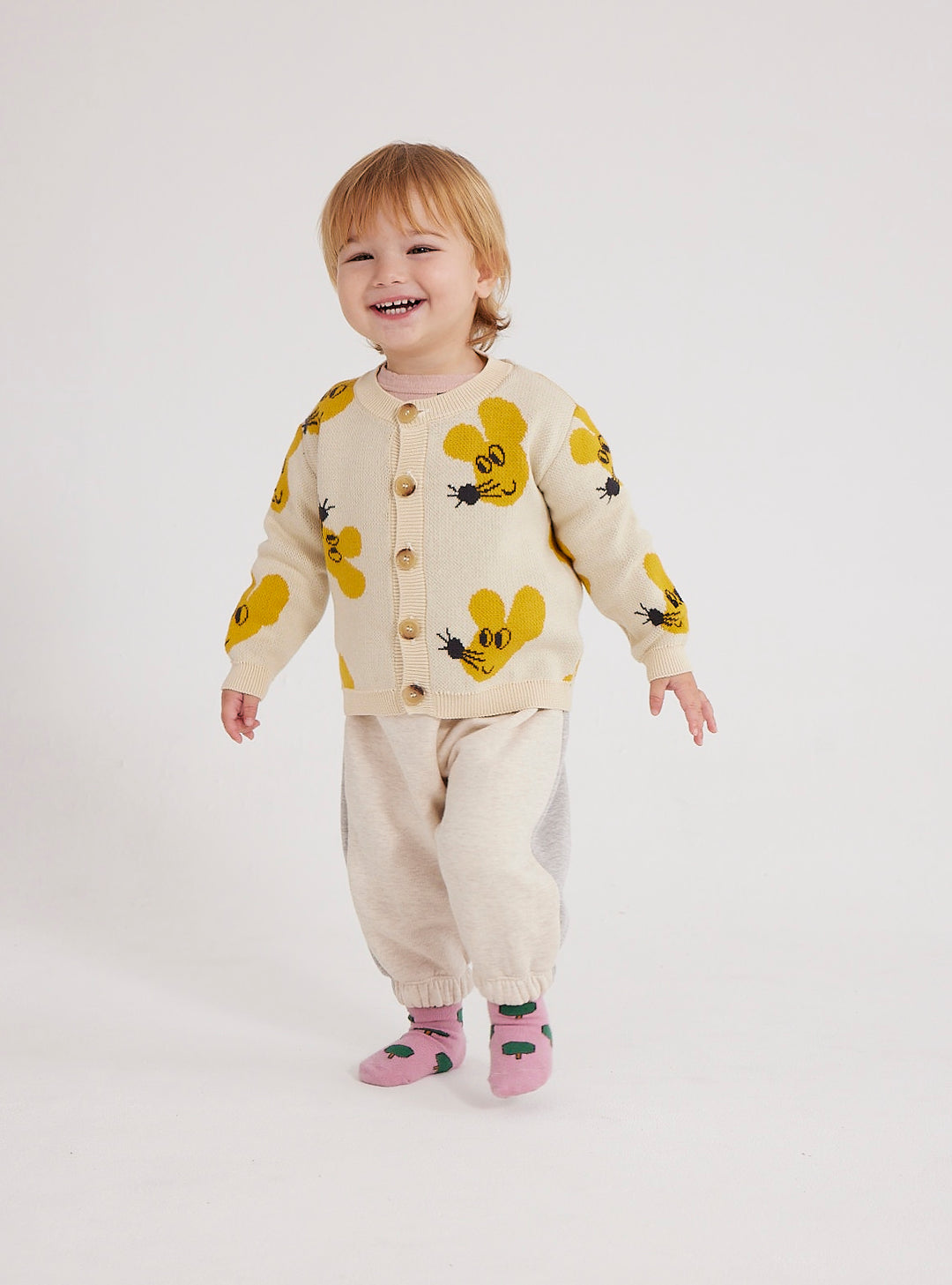 Enfant avec Cardigan en coton bio beige et souris jaunes
