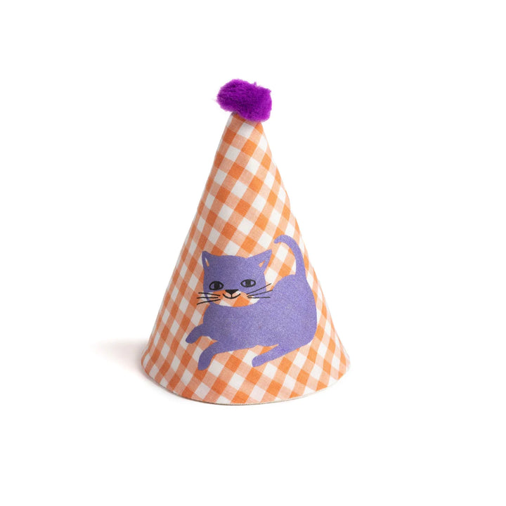 Chapeau de fête en tissu aux carreaux oranges et chat sérigraphié