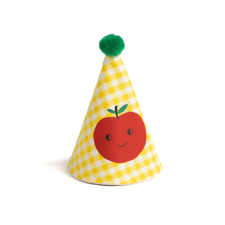 Chapeau de fête en tissu aux carreaux jaunes et pomme sérigraphiée