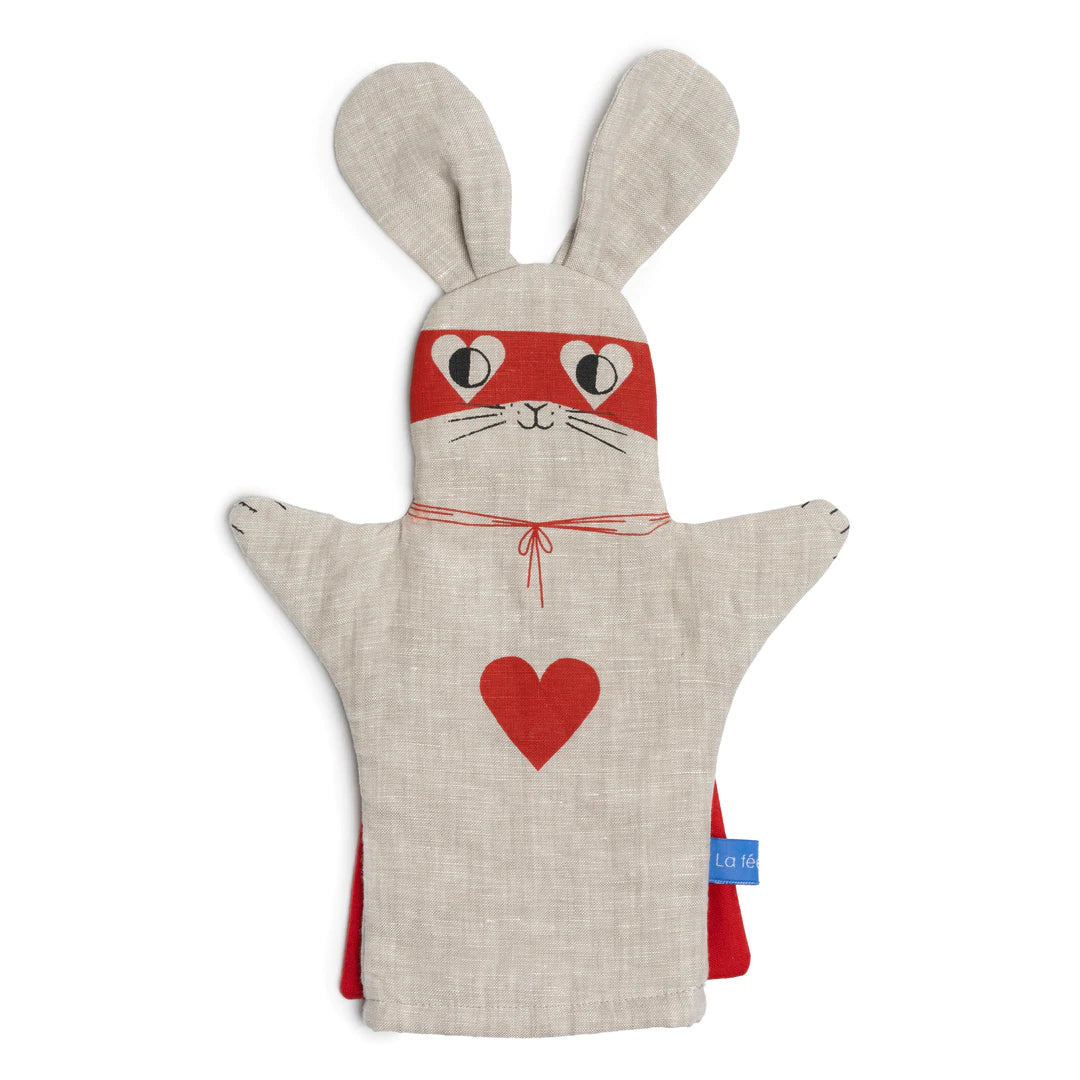 Marionnette lapin Super héros de l’amour en coton gris rouge