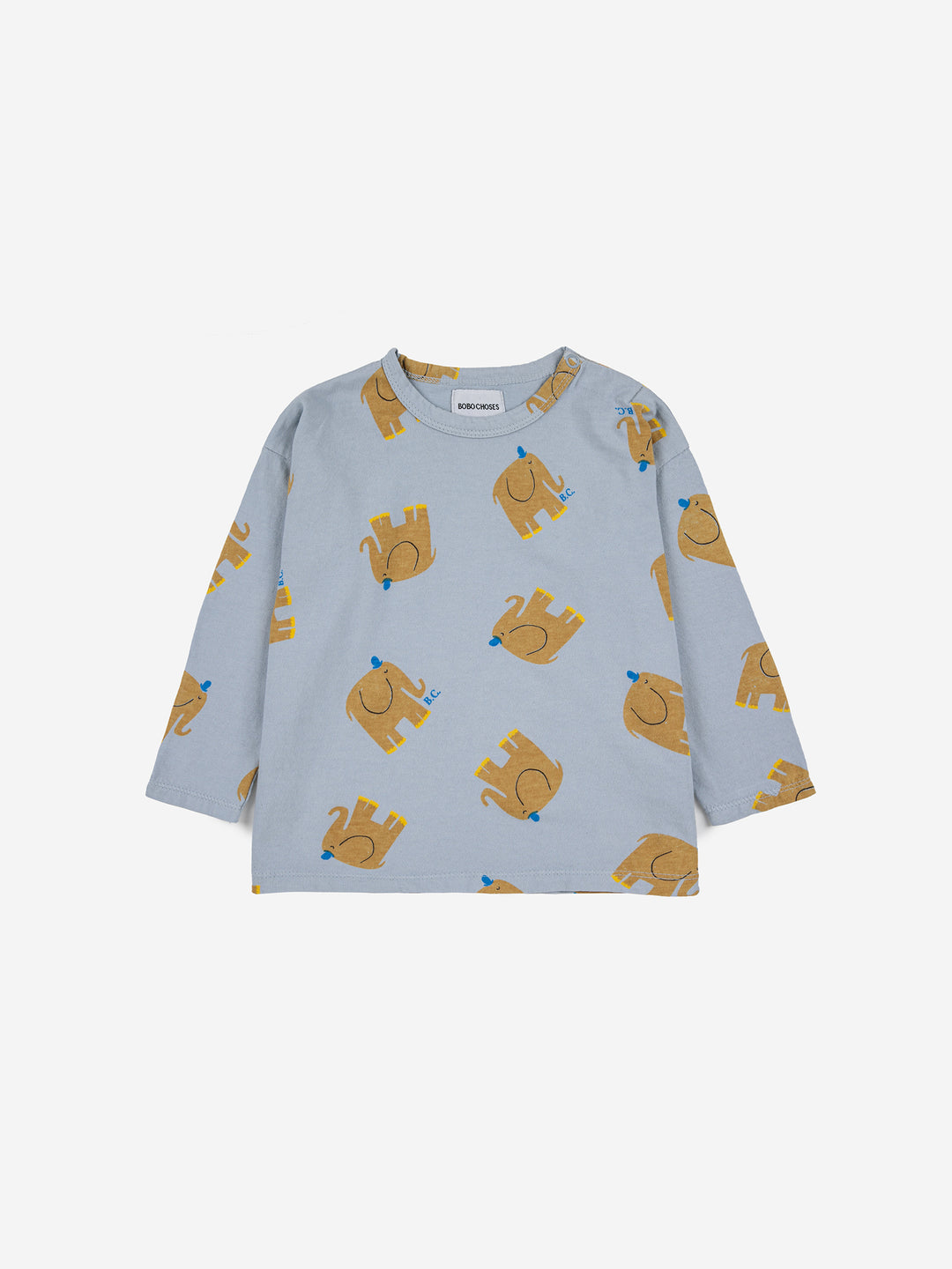 T-shirt manches longues pour bébé en coton biologique bleu avec imprimé éléphants 
