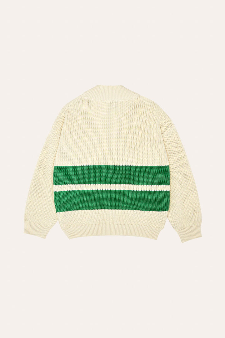 Cardigan 100% coton biologique écru tricoté avec des rayures vertes 