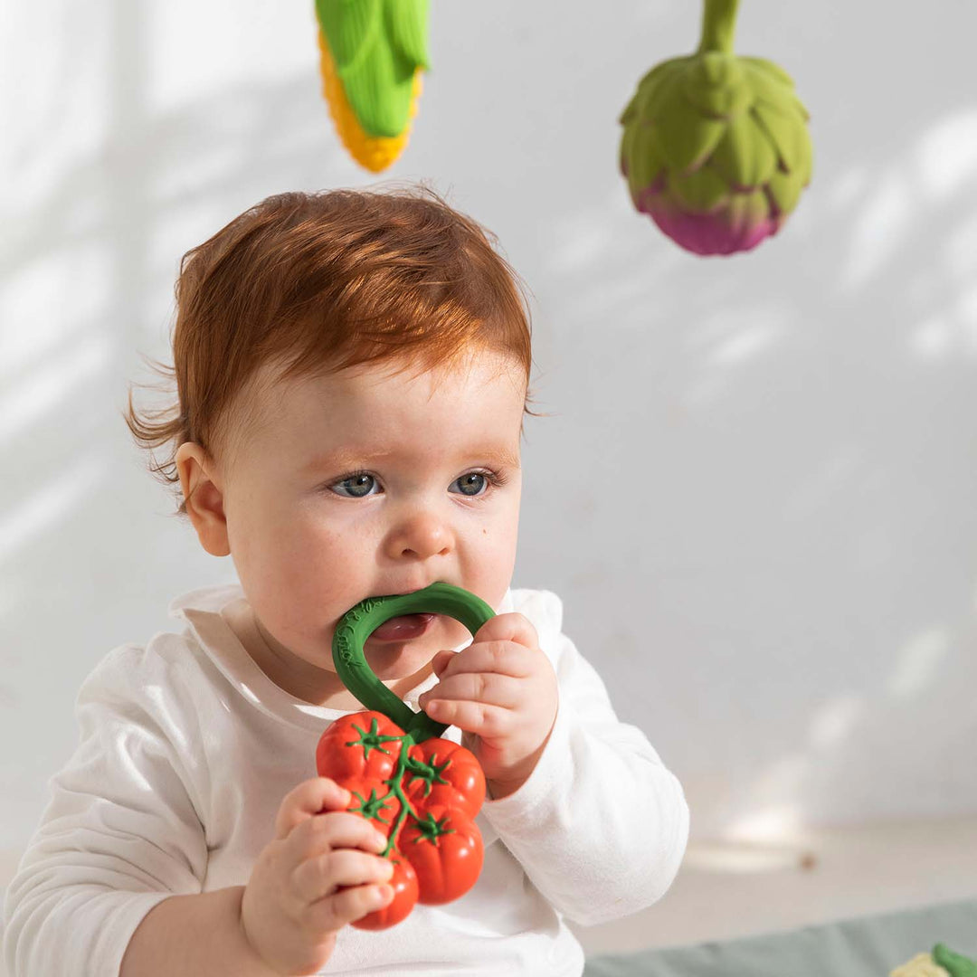 Bébé avec hochet et anneau de dentition en forme de tomates
