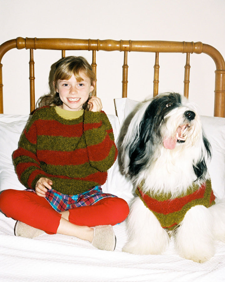 Enfant avec Pull rayé rouge et olive avec un chien sur un lit