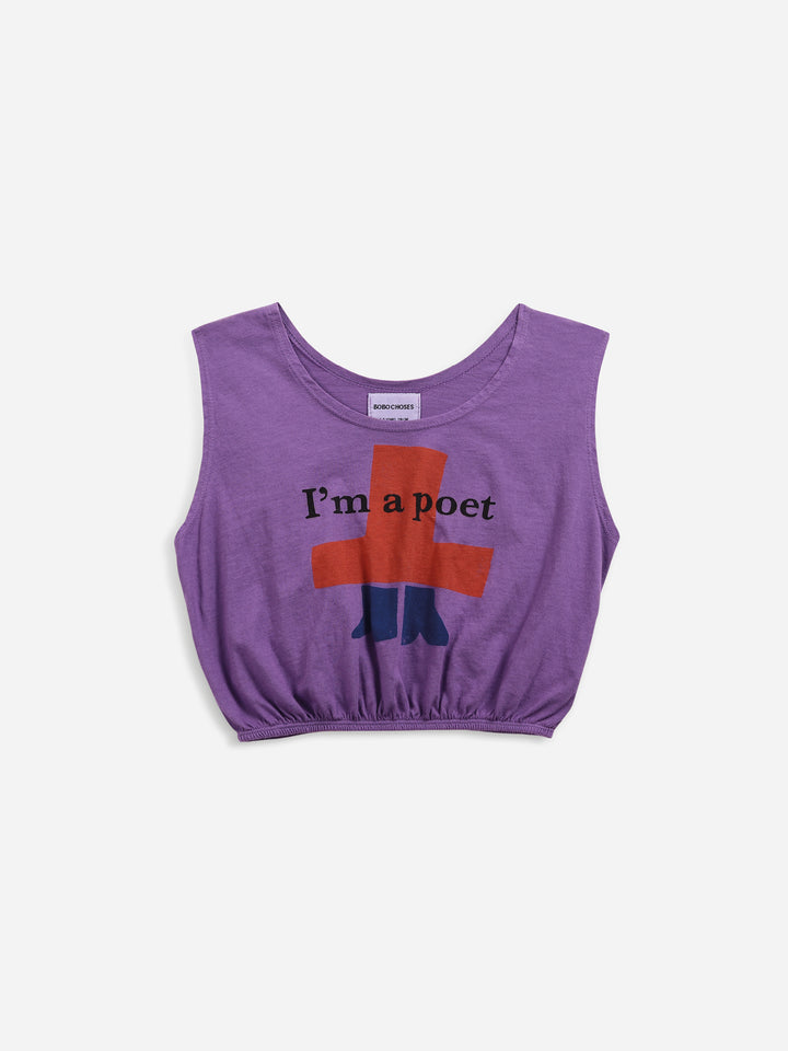 purple boxy tank top with graphic print and ''I'm a poet'' text