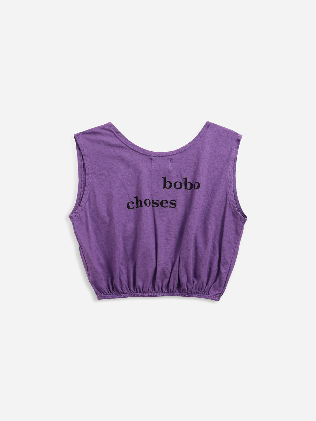 back of purple boxy tank top with graphic print ''Bobo Choses'' text