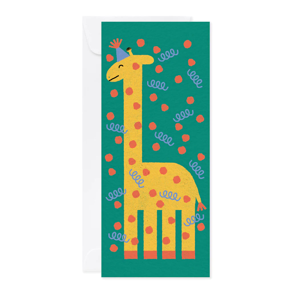 Paperole Carte de souhaits verte avec Girafe jaune et chapeau de fête bleu