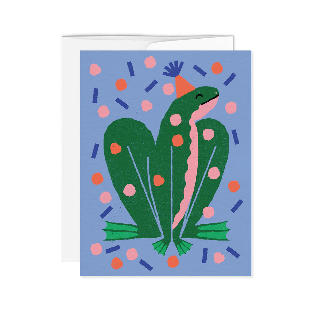 Paperole Carte de souhaits bleu avec Grenouille verte et rose avec chapeau orange