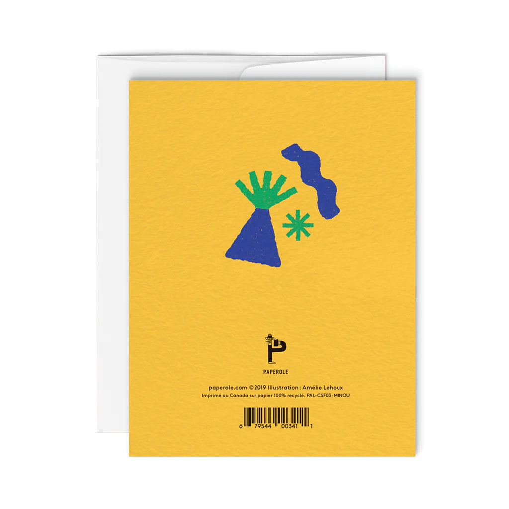 Verso de Paperole Carte de souhaits jaune avec minou orange et chapeau bleu