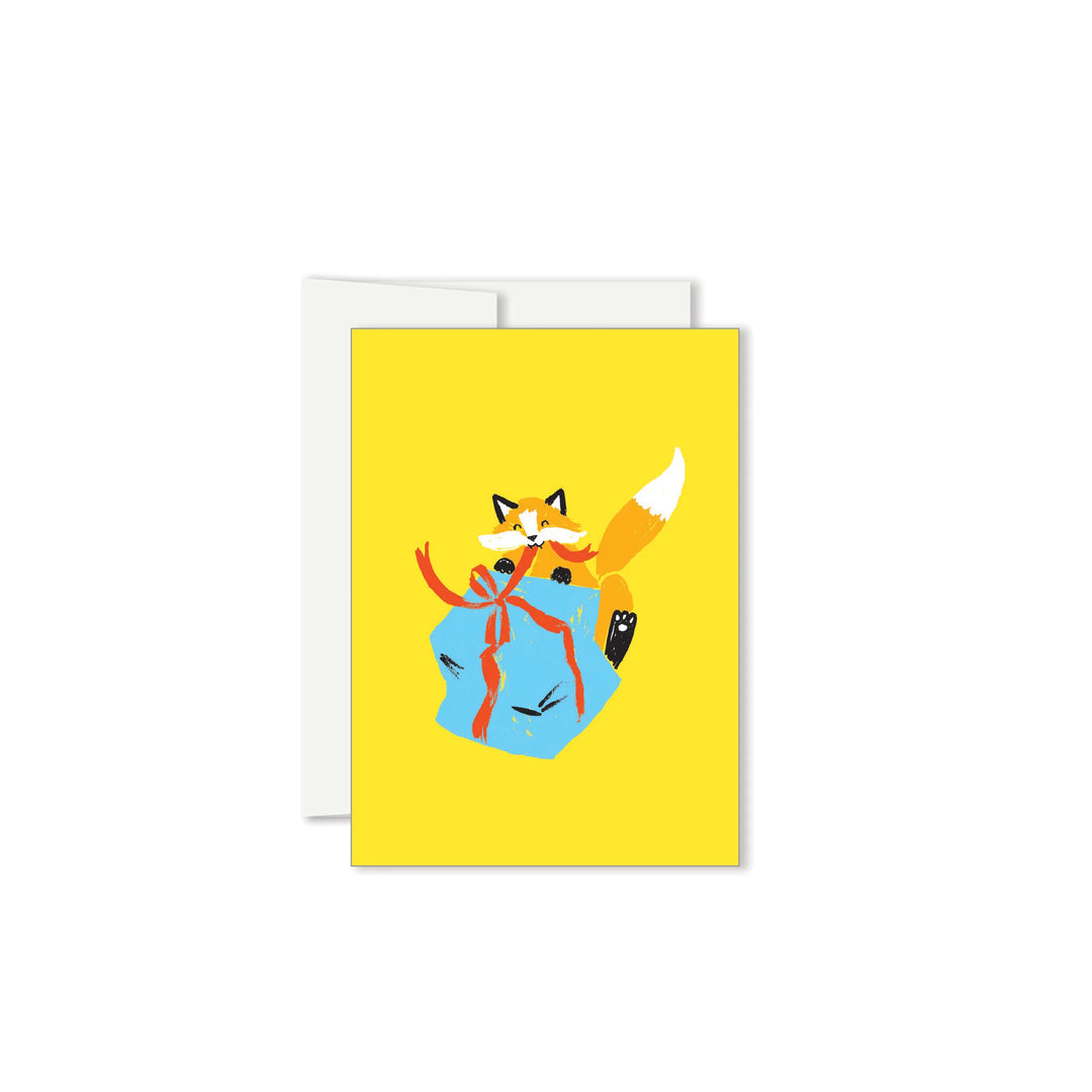 Paperole Mini carte de souhaits jaune avec Renard et cadeau bleu