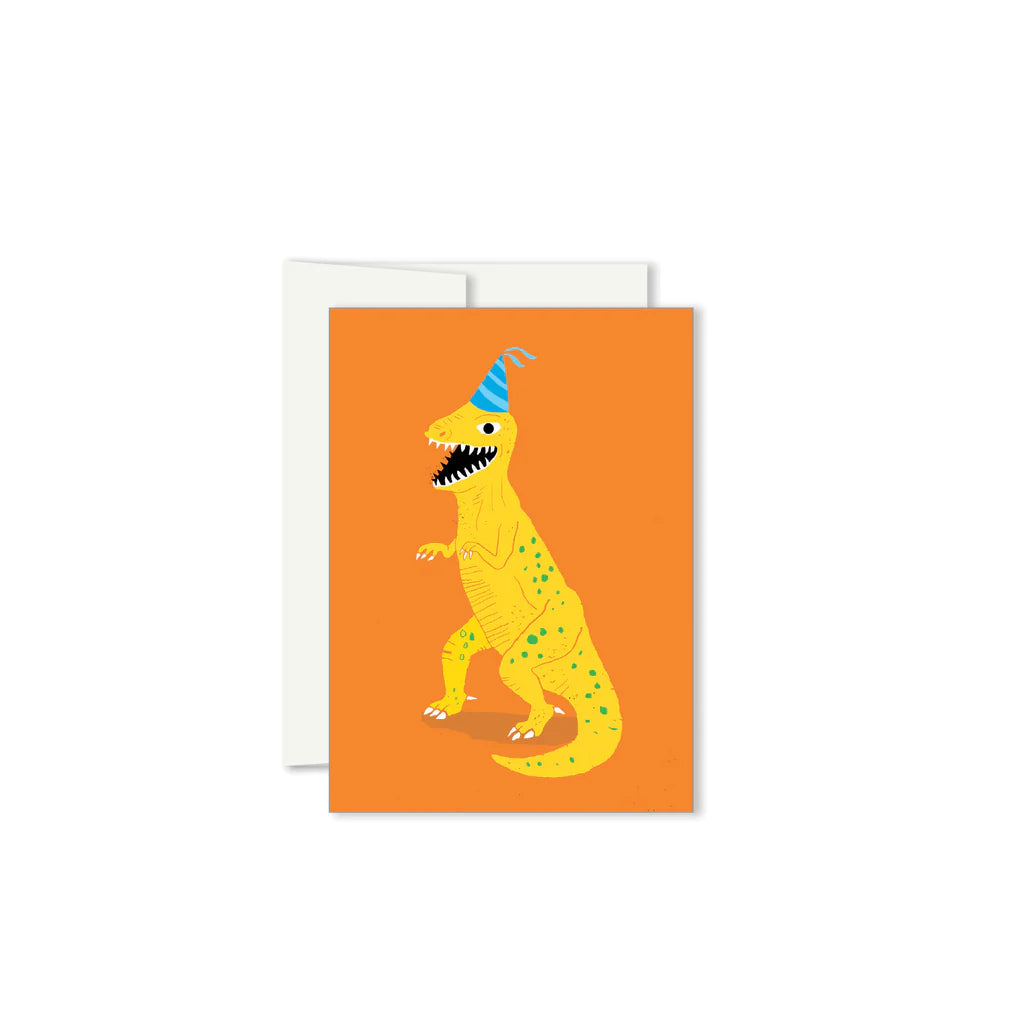 Paperole Mini carte de souhaits orange avec Dinosaure Jaune avec chapeau de fêtes