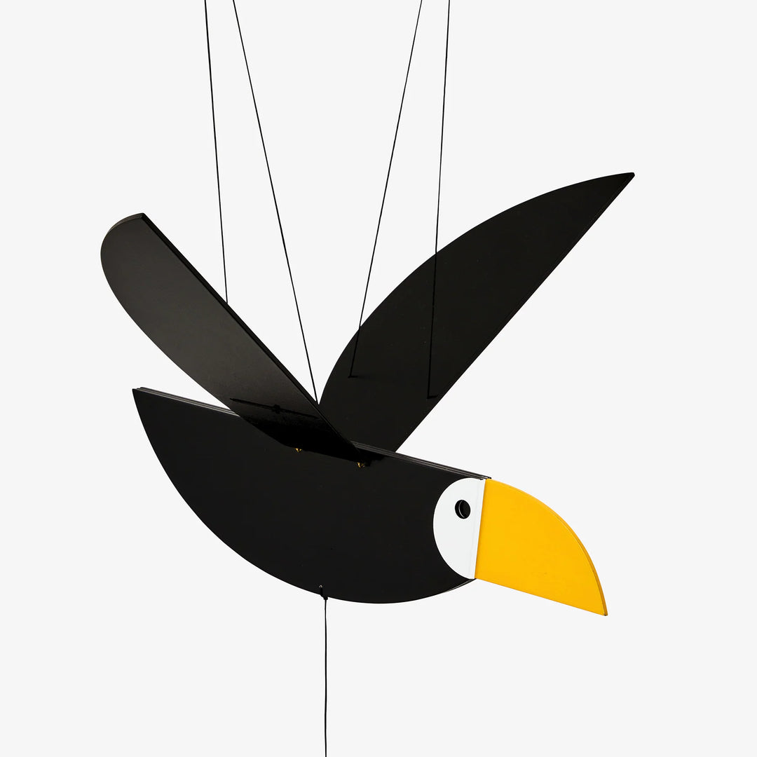 Mobile toucan en bois noir, blanc et jaune