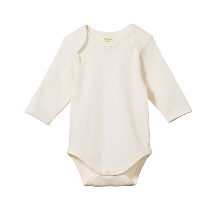product image of a white baby bodysuit with snaps at the crotch front