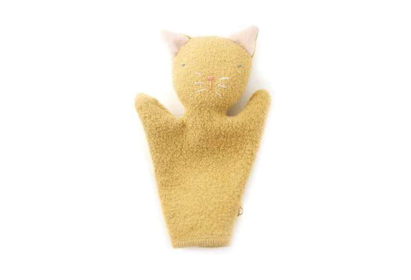 marionnette chat jaune en laine recyclée