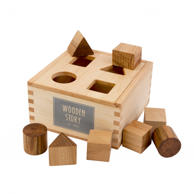 Wooden Story Montreal Quebec Canada cube à formes à empiler naturel jouet d'éveil pour bébés natural shape sorter box baby first toy made in polant wood bois écologique ecologic 